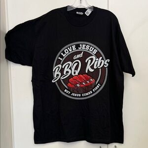I love Jesus and BBQ Ribs but Jesus comes first graphic tee black shirt 2XL Men